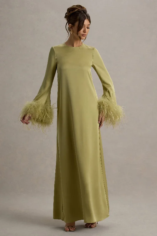 Modern minimalist wedding dresses with clean lines Printed wedding guest dresses with tropical motifs for beach weddings Adella | Light Green Satin Feather-Trim Maxi Dress Modern minimalist wedding dresses with clean lines Printed wedding guest dresses with tropical motifs for beach weddings Adella | Light Green Satin Feather-Trim Maxi Dress