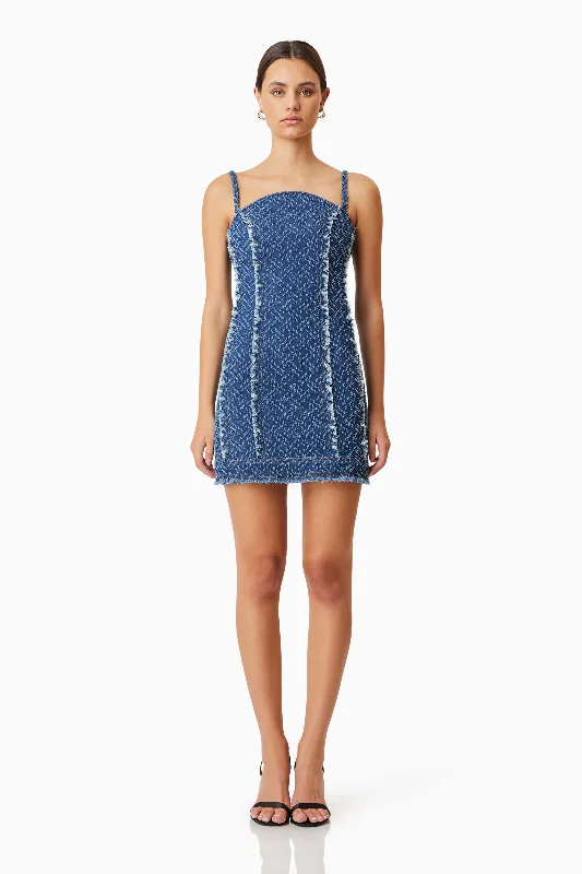 Mini dresses with mesh panels for a sexy and trendy look Cora Denim Mini Dress In Blue Mini dresses with mesh panels for a sexy and trendy look Cora Denim Mini Dress In Blue