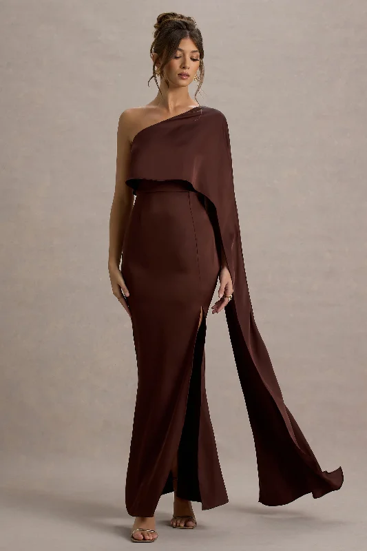 Wedding dresses with a bateau neckline for a classic shape Wedding guest dresses with tassel - adorned belts and A - line skirts Amora | Brown Satin Asymmetric Cape-Sleeve Split Maxi Dress Wedding dresses with a bateau neckline for a classic shape Wedding guest dresses with tassel - adorned belts and A - line skirts Amora | Brown Satin Asymmetric Cape-Sleeve Split Maxi Dress
