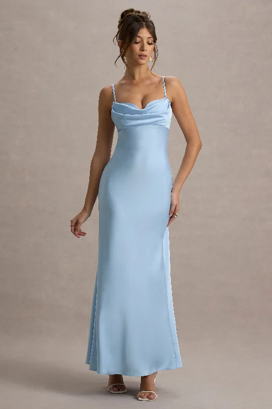 Ruffled wedding dresses with a cascading effect​ Velvet - trimmed wedding guest dresses in burgundy for a formal event Eimear | Powder Blue Satin Draped Sweetheart Maxi Dress