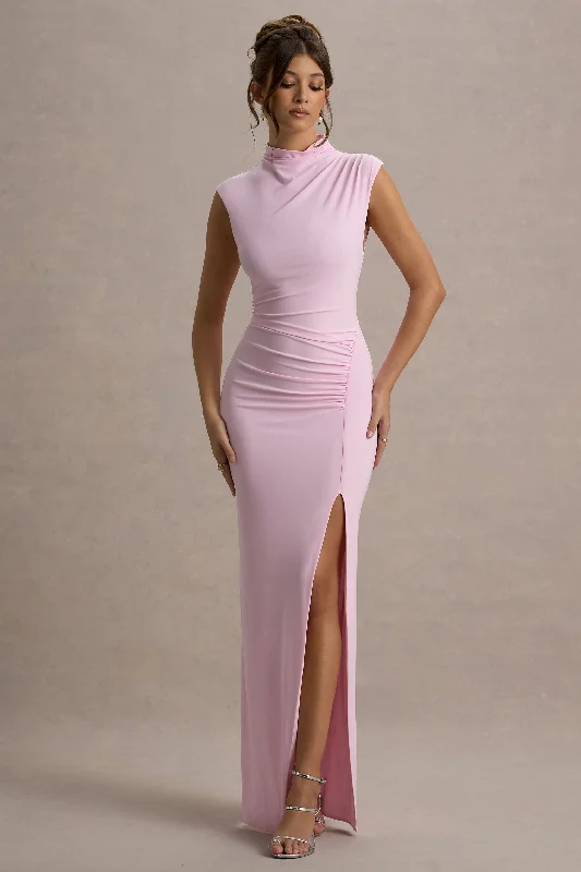 Wedding dresses with a mermaid - style skirt and a ball gown overlay Wedding guest dresses with puff sleeves and knee - length hems Lanetta | Pink Ruched High-Neck Maxi Dress With Split Wedding dresses with a mermaid - style skirt and a ball gown overlay Wedding guest dresses with puff sleeves and knee - length hems Lanetta | Pink Ruched High-Neck Maxi Dress With Split
