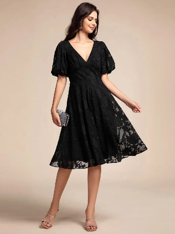 Tulle - over - satin wedding dresses for a soft look Wedding guest dresses with mesh panels and empire waists ever DANI|Puff Sleeve V-Neck Midi Wedding Guest Dress Tulle - over - satin wedding dresses for a soft look Wedding guest dresses with mesh panels and empire waists ever DANI|Puff Sleeve V-Neck Midi Wedding Guest Dress