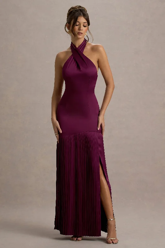 Trumpet - style wedding dresses with a train Long - sleeved wedding guest dresses in velvet for a winter wedding Sansa | Burgundy Satin Cross Halter-Neck Plisse Maxi Dress Trumpet - style wedding dresses with a train Long - sleeved wedding guest dresses in velvet for a winter wedding Sansa | Burgundy Satin Cross Halter-Neck Plisse Maxi Dress