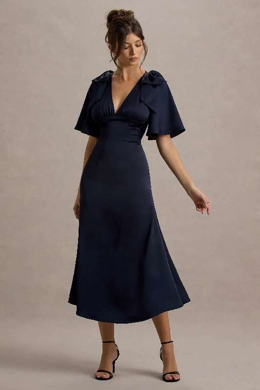 Wedding dresses with a sweetheart - neck and a corseted back Wedding guest dresses with gathered skirts and V - necklines Danna | Navy Satin V-Neck Short-Sleeve Midi Dress Wedding dresses with a sweetheart - neck and a corseted back Wedding guest dresses with gathered skirts and V - necklines Danna | Navy Satin V-Neck Short-Sleeve Midi Dress