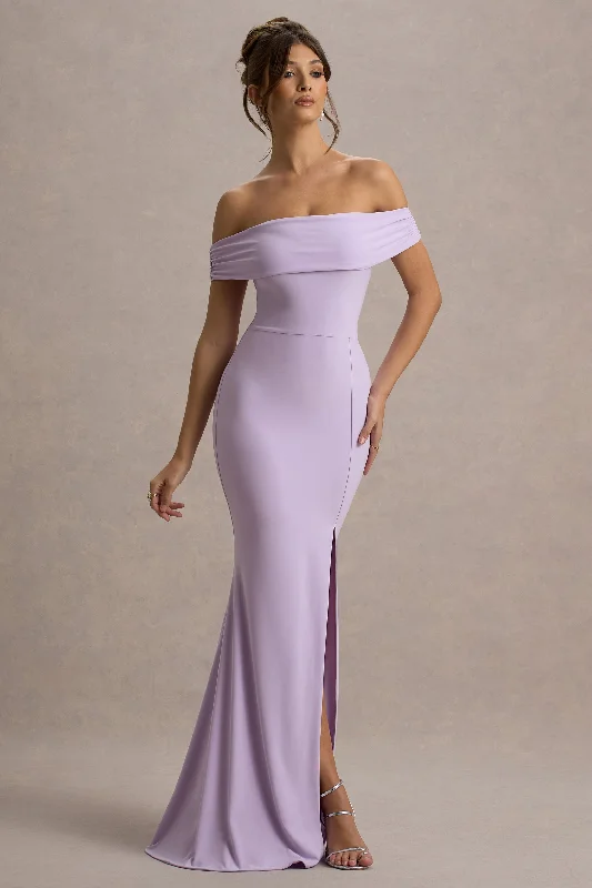 Tulle - over - satin wedding dresses for a soft look Wedding guest dresses with mesh panels and empire waists Law of Attraction | Lilac Bardot Draped Split Maxi Dress Tulle - over - satin wedding dresses for a soft look Wedding guest dresses with mesh panels and empire waists Law of Attraction | Lilac Bardot Draped Split Maxi Dress