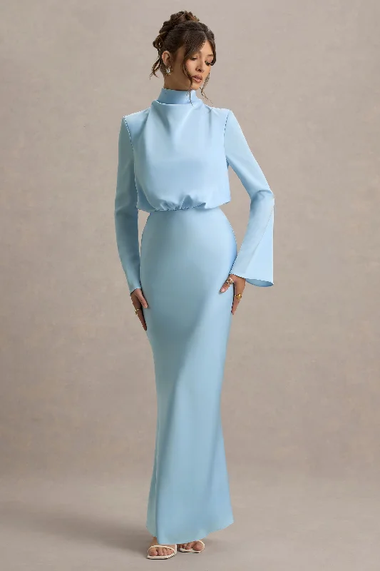 Wedding dresses with a detachable skirt for versatility Mini wedding guest dresses with glittery accents for a trendy look Celina | Powder Blue Satin High-Neck Maxi Dress Wedding dresses with a detachable skirt for versatility Mini wedding guest dresses with glittery accents for a trendy look Celina | Powder Blue Satin High-Neck Maxi Dress