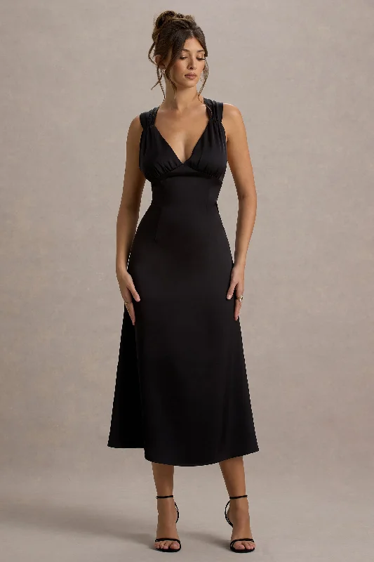 Empire - line wedding dresses with a ruffled skirt Wedding guest dresses with pom - pom trims for a playful look Beck | Black Satin Plunge-Neck Cross-Back Midi Dress Empire - line wedding dresses with a ruffled skirt Wedding guest dresses with pom - pom trims for a playful look Beck | Black Satin Plunge-Neck Cross-Back Midi Dress