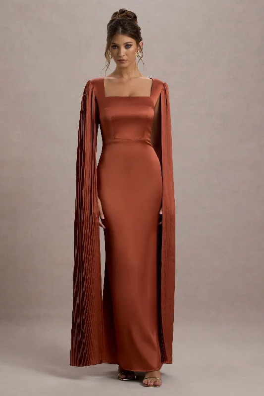 Cathedral train wedding dresses for a grand entrance Cotton wedding guest dresses with smocked details for a casual wedding Saloma | Rust Satin Square-Neck Maxi Dress With Cape Sleeves Cathedral train wedding dresses for a grand entrance Cotton wedding guest dresses with smocked details for a casual wedding Saloma | Rust Satin Square-Neck Maxi Dress With Cape Sleeves