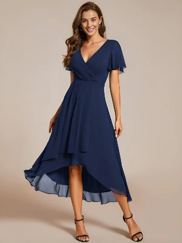 Wedding dresses with a lace - trimmed veil attachment Asymmetric - hem wedding guest dresses in metallic hues ever LARK|Ruffles Sleeve Pleated V-Neck A-Line Midi Chiffon Wedding Guest Dress Wedding dresses with a lace - trimmed veil attachment Asymmetric - hem wedding guest dresses in metallic hues ever LARK|Ruffles Sleeve Pleated V-Neck A-Line Midi Chiffon Wedding Guest Dress