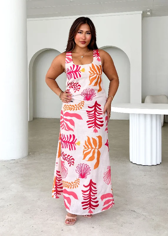 Midi dresses with belted waists to accentuate the figure Tusk Midi Dress - Pink Abstract Midi dresses with belted waists to accentuate the figure Tusk Midi Dress - Pink Abstract
