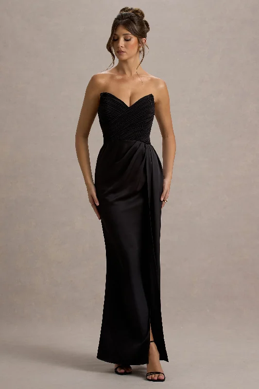 A - line wedding dresses with a beaded neckline Wedding guest dresses with belted waists and knee - length skirts Edel | Black Satin Strapless Maxi Dress With Drape A - line wedding dresses with a beaded neckline Wedding guest dresses with belted waists and knee - length skirts Edel | Black Satin Strapless Maxi Dress With Drape