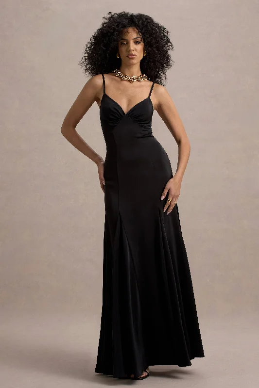Wedding dresses with a bateau neckline for a classic shape Wedding guest dresses with tassel - adorned belts and A - line skirts Ashly | Black Satin Maxi Dress With Volume Hem Wedding dresses with a bateau neckline for a classic shape Wedding guest dresses with tassel - adorned belts and A - line skirts Ashly | Black Satin Maxi Dress With Volume Hem