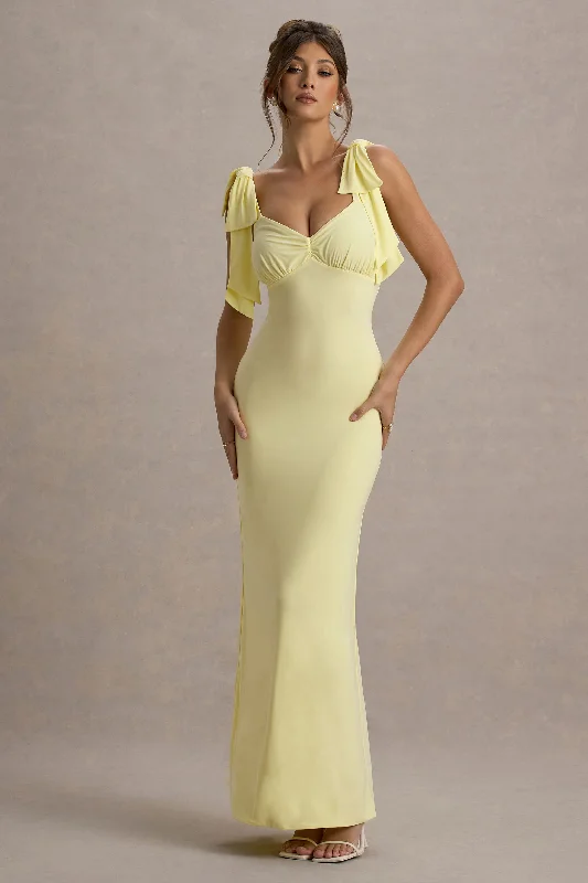 Ballroom - ready wedding dresses with a large skirt Lace - and - tulle wedding guest dresses with sweetheart necklines Evanna | Lemon V-Neck Maxi Dress With Bow Straps Ballroom - ready wedding dresses with a large skirt Lace - and - tulle wedding guest dresses with sweetheart necklines Evanna | Lemon V-Neck Maxi Dress With Bow Straps