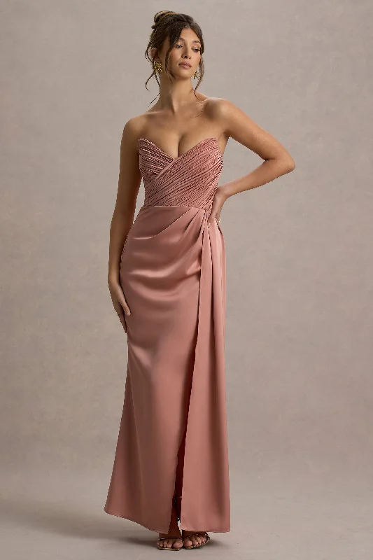 Ballroom - ready wedding dresses with a large skirt Lace - and - tulle wedding guest dresses with sweetheart necklines Edel | Pink Satin Strapless Maxi Dress With Drape Ballroom - ready wedding dresses with a large skirt Lace - and - tulle wedding guest dresses with sweetheart necklines Edel | Pink Satin Strapless Maxi Dress With Drape