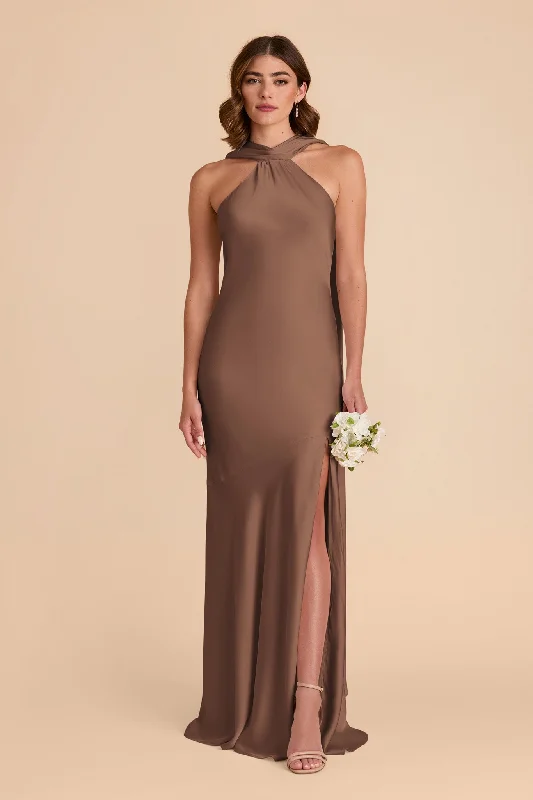 Off shoulder maternity evening dress for parties Eileen Matte Satin Dress - Mocha