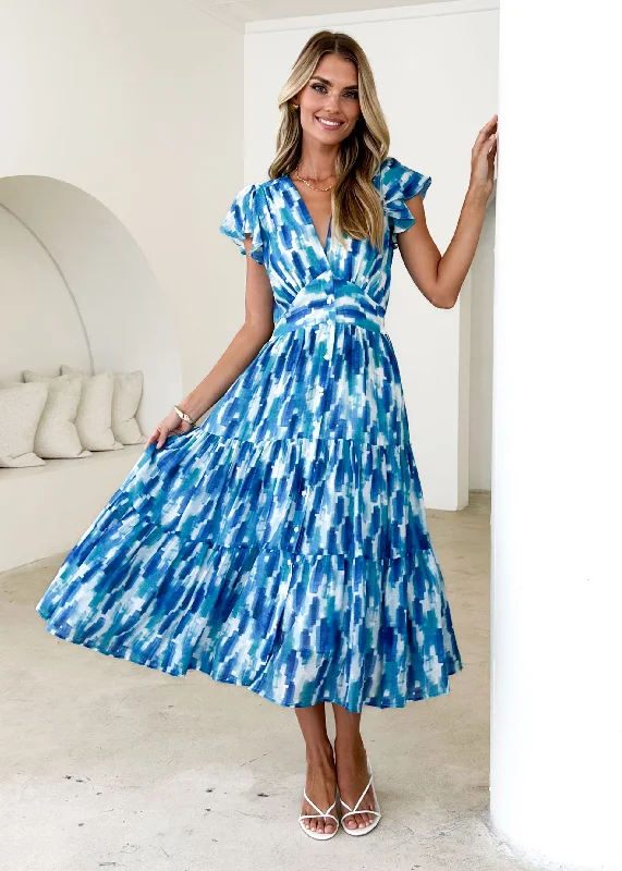 Midi dresses with V - necklines for a flattering and elongating effect Gatsby Midi Dress - Blue Splash