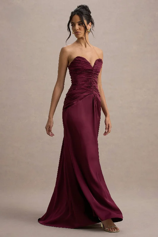 Wedding dresses with a detachable skirt for versatility Mini wedding guest dresses with glittery accents for a trendy look Desirie | Burgundy Satin Sweetheart Gathered Maxi Dress Wedding dresses with a detachable skirt for versatility Mini wedding guest dresses with glittery accents for a trendy look Desirie | Burgundy Satin Sweetheart Gathered Maxi Dress