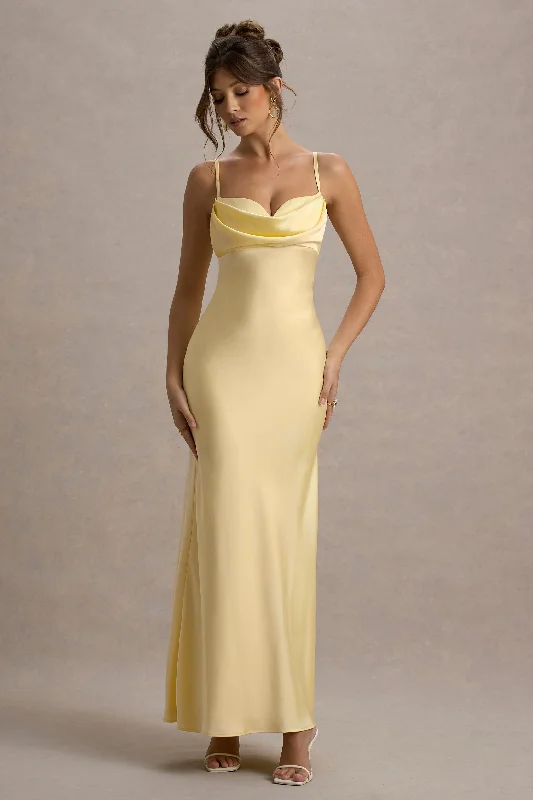Wedding dresses with a sweetheart - neck and a corseted back Wedding guest dresses with gathered skirts and V - necklines Eimear | Lemon Satin Draped Sweetheart Maxi Dress Wedding dresses with a sweetheart - neck and a corseted back Wedding guest dresses with gathered skirts and V - necklines Eimear | Lemon Satin Draped Sweetheart Maxi Dress