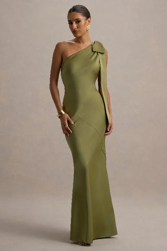 Vintage - themed wedding dresses with pearl accents Tea - length wedding guest dresses with polka dot patterns Here For Love | Khaki Satin Asymmetric Maxi Dress With Bow Vintage - themed wedding dresses with pearl accents Tea - length wedding guest dresses with polka dot patterns Here For Love | Khaki Satin Asymmetric Maxi Dress With Bow