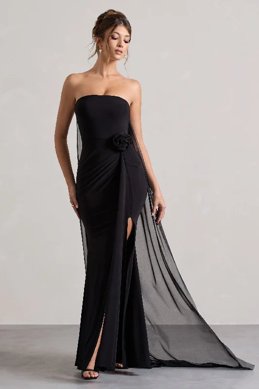 Princess - style wedding dresses with a full skirt Wedding guest dresses with cold - shoulder designs and solid colors More To Come | Black Strapless Wrap Cape Maxi Dress With Corsage Princess - style wedding dresses with a full skirt Wedding guest dresses with cold - shoulder designs and solid colors More To Come | Black Strapless Wrap Cape Maxi Dress With Corsage