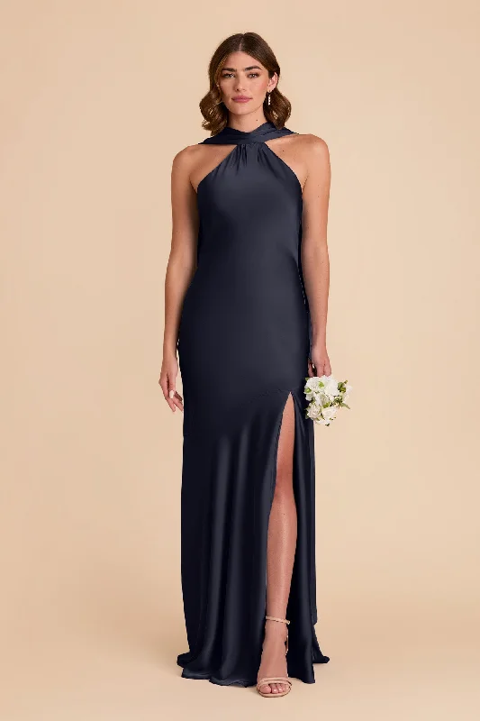 Maternity dress for baby shower with floral pattern Eileen Matte Satin Dress - Navy