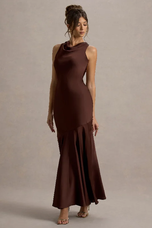 Square - neck wedding dresses with a demure look Plaid wedding guest dresses in muted colors for a fall wedding Amelita | Brown Satin Cowl-Neck Maxi Dress Square - neck wedding dresses with a demure look Plaid wedding guest dresses in muted colors for a fall wedding Amelita | Brown Satin Cowl-Neck Maxi Dress