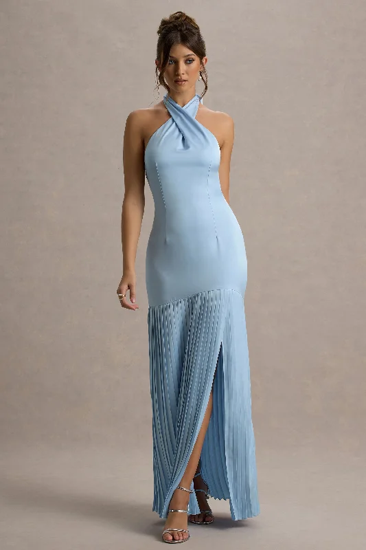 Square - neck wedding dresses with a demure look Plaid wedding guest dresses in muted colors for a fall wedding Sansa | Powder Blue Satin Cross Halter-Neck Plisse Maxi Dress Square - neck wedding dresses with a demure look Plaid wedding guest dresses in muted colors for a fall wedding Sansa | Powder Blue Satin Cross Halter-Neck Plisse Maxi Dress
