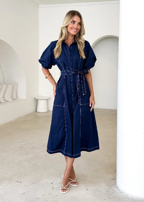 Midi dresses with one - shoulder designs for a modern and asymmetric style Pintura Midi Dress - Navy Midi dresses with one - shoulder designs for a modern and asymmetric style Pintura Midi Dress - Navy