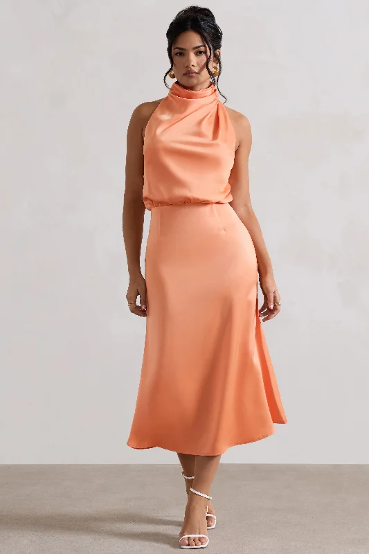 Mermaid silhouette wedding dresses with lace appliques​ Maxi wedding guest dresses with floral prints for summer weddings Geena | Peach Satin Twisted High-Neck Midi Dress
