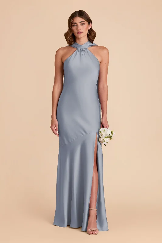 Long sleeve maternity maxi dress for winter Eileen Matte Satin Dress - Dusty Blue