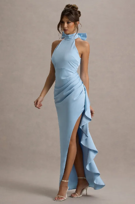 Wedding dresses with a belt made of crystals Sleeveless wedding guest dresses with pleated bodices Maureen | Powder Blue Satin High-Neck Draped Maxi Dress Wedding dresses with a belt made of crystals Sleeveless wedding guest dresses with pleated bodices Maureen | Powder Blue Satin High-Neck Draped Maxi Dress