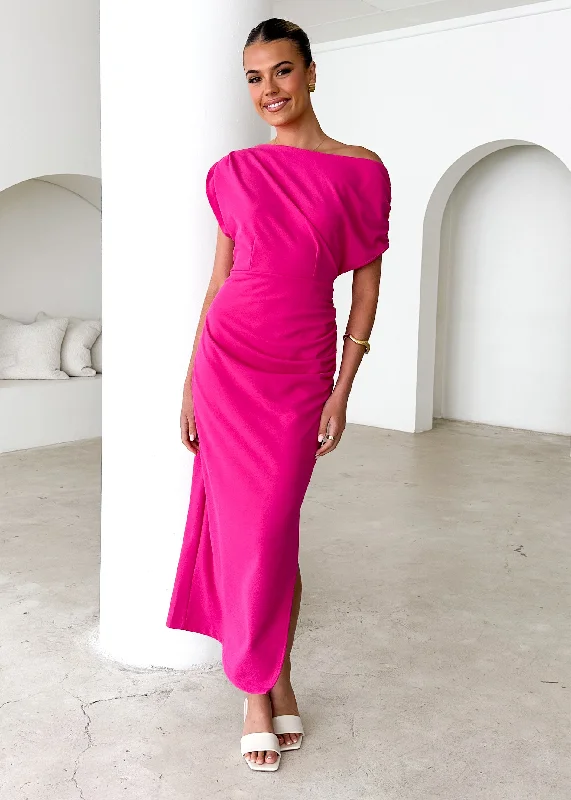 Midi dresses with satin - finish fabrics for a luxurious feel Darcie Off Shoulder Midi Dress - Magenta Midi dresses with satin - finish fabrics for a luxurious feel Darcie Off Shoulder Midi Dress - Magenta