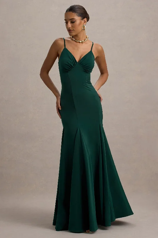 Empire waist wedding dresses with beaded bodices Wrap - style wedding guest dresses with bow accents Ashly | Bottle Green Satin Maxi Dress With Volume Hem Empire waist wedding dresses with beaded bodices Wrap - style wedding guest dresses with bow accents Ashly | Bottle Green Satin Maxi Dress With Volume Hem