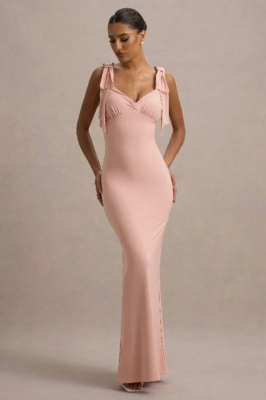 A - line chiffon wedding dresses for a classic look Sheath - style wedding guest dresses with lace overlays Evanna | Pink V-Neck Maxi Dress With Bow Straps A - line chiffon wedding dresses for a classic look Sheath - style wedding guest dresses with lace overlays Evanna | Pink V-Neck Maxi Dress With Bow Straps