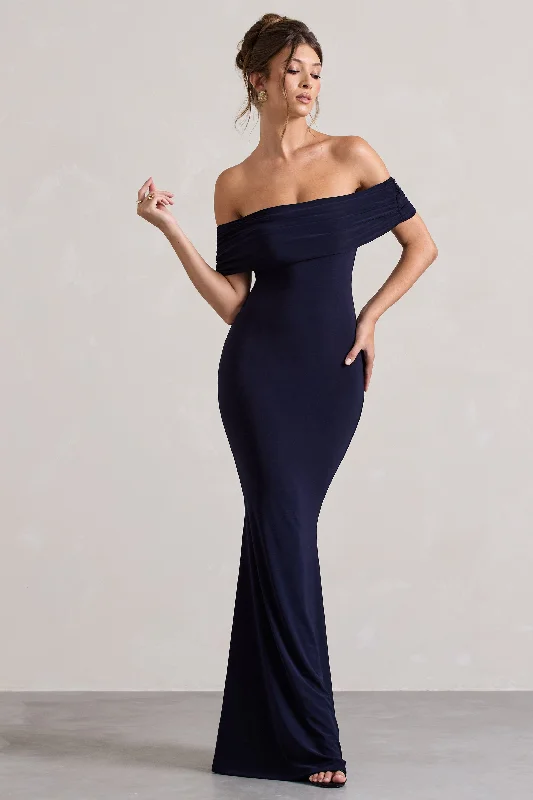 Sleeveless wedding dresses with a beaded belt Wedding guest dresses with ruched bodices and spaghetti straps Cloe | Navy Bardot Maxi Dress Sleeveless wedding dresses with a beaded belt Wedding guest dresses with ruched bodices and spaghetti straps Cloe | Navy Bardot Maxi Dress