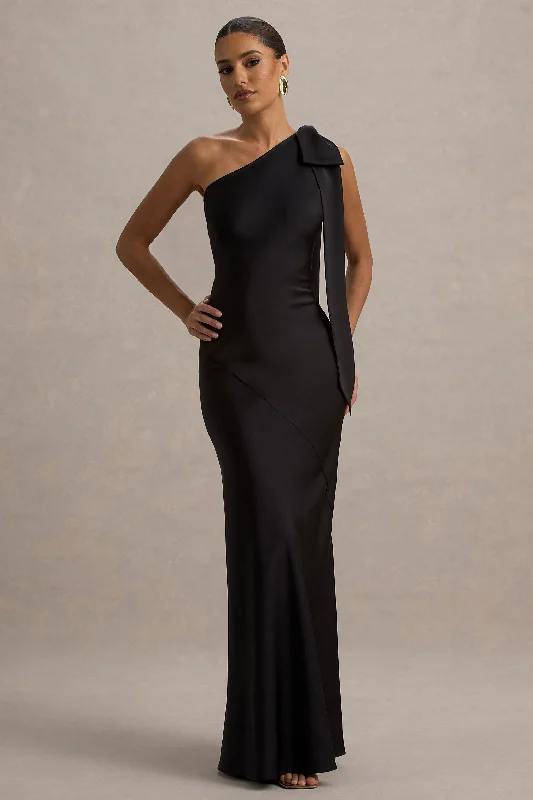 Two - piece wedding dresses with a crop top Metallic wedding guest dresses for a glamorous wedding Here For Love | Black Satin Asymmetric Maxi Dress With Bow Two - piece wedding dresses with a crop top Metallic wedding guest dresses for a glamorous wedding Here For Love | Black Satin Asymmetric Maxi Dress With Bow