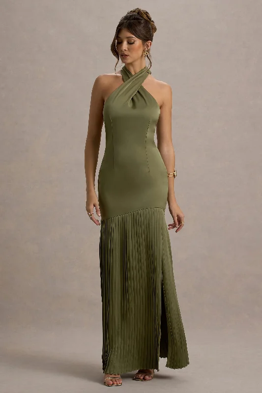 Cathedral train wedding dresses for a grand entrance Cotton wedding guest dresses with smocked details for a casual wedding Sansa | Khaki Satin Cross Halter-Neck Plisse Maxi Dress Cathedral train wedding dresses for a grand entrance Cotton wedding guest dresses with smocked details for a casual wedding Sansa | Khaki Satin Cross Halter-Neck Plisse Maxi Dress