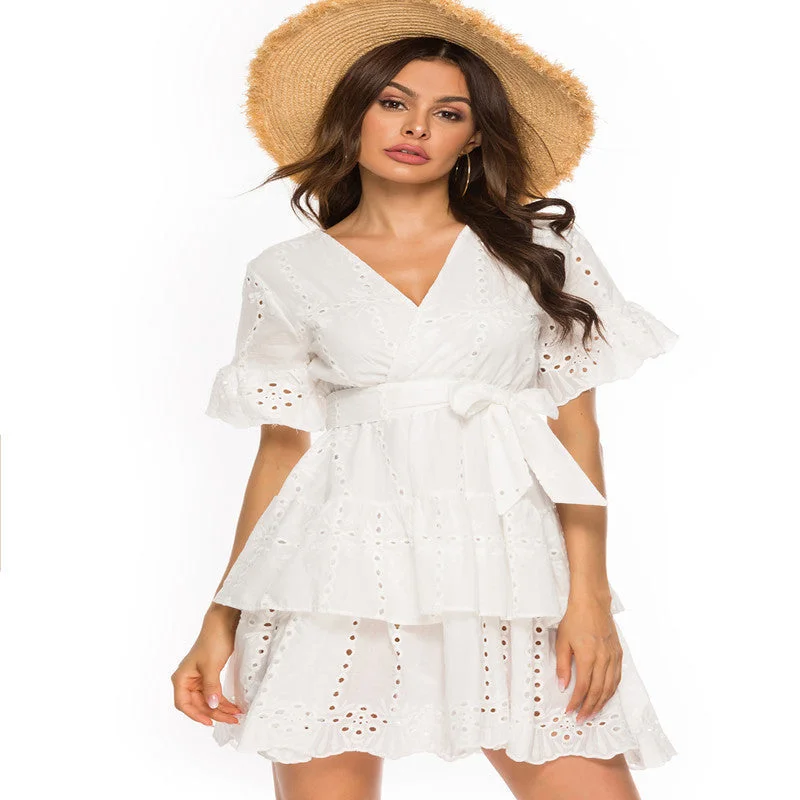 Mini dresses with abstract prints for an artistic look Calliope Cotton Eyelet Wrap Dress - Off White Mini dresses with abstract prints for an artistic look Calliope Cotton Eyelet Wrap Dress - Off White