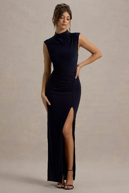 Ballroom - ready wedding dresses with a large skirt Lace - and - tulle wedding guest dresses with sweetheart necklines Lanetta | Navy Ruched High-Neck Maxi Dress With Split Ballroom - ready wedding dresses with a large skirt Lace - and - tulle wedding guest dresses with sweetheart necklines Lanetta | Navy Ruched High-Neck Maxi Dress With Split