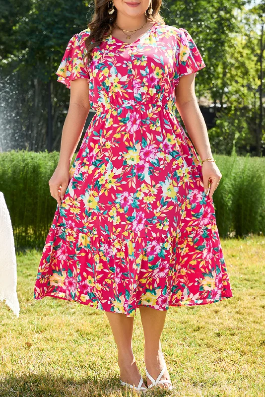 Wrap - style midi dresses in silk for a sophisticated office look Plus Size Floral V-Neck Midi Dress Wrap - style midi dresses in silk for a sophisticated office look Plus Size Floral V-Neck Midi Dress