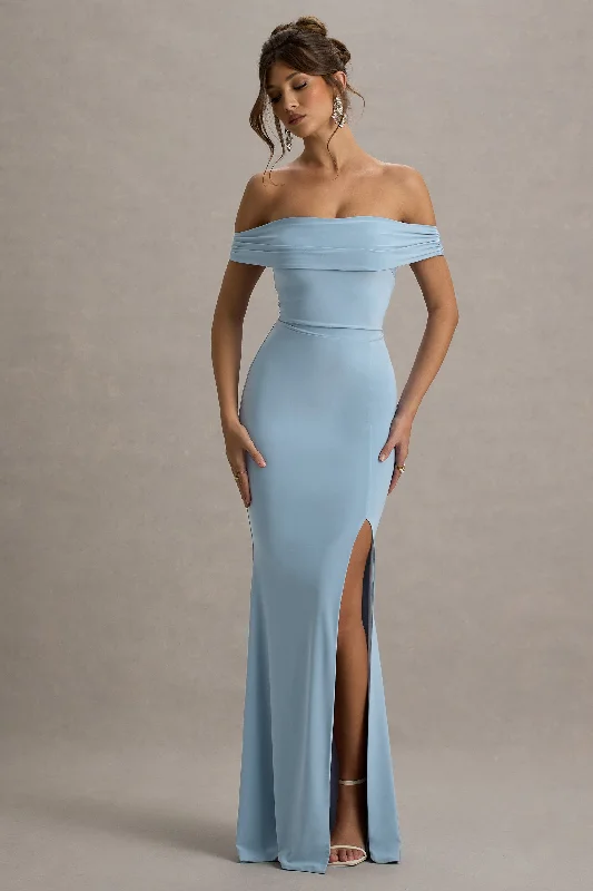 Wedding dresses with a dropped waist for a retro style Animal - print wedding guest dresses in subtle colors for a bold statement Law of Attraction | Powder Blue Bardot Draped Split Maxi Dress Wedding dresses with a dropped waist for a retro style Animal - print wedding guest dresses in subtle colors for a bold statement Law of Attraction | Powder Blue Bardot Draped Split Maxi Dress
