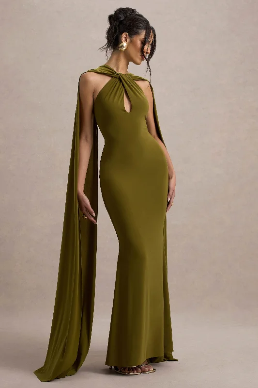 Princess - style wedding dresses with a full skirt Wedding guest dresses with cold - shoulder designs and solid colors Rhoda | Green Twist Halter-Neck Cape Maxi Dress Princess - style wedding dresses with a full skirt Wedding guest dresses with cold - shoulder designs and solid colors Rhoda | Green Twist Halter-Neck Cape Maxi Dress