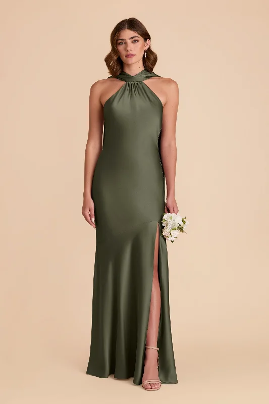 Maternity dress for a baby's first visit to the theater Eileen Matte Satin Dress - Olive Maternity dress for a baby's first visit to the theater Eileen Matte Satin Dress - Olive