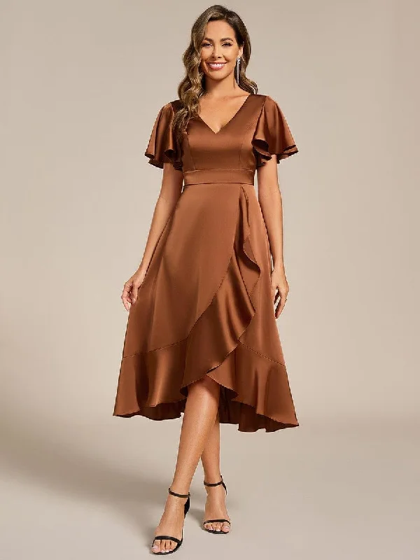 Appliqued wedding dresses with 3D floral designs Sheer wedding guest dresses with lace inserts and long sleeves ever SAIGE|V-Neck Satin Midi Wedding Guest Dress with Ruffled Skirt Appliqued wedding dresses with 3D floral designs Sheer wedding guest dresses with lace inserts and long sleeves ever SAIGE|V-Neck Satin Midi Wedding Guest Dress with Ruffled Skirt