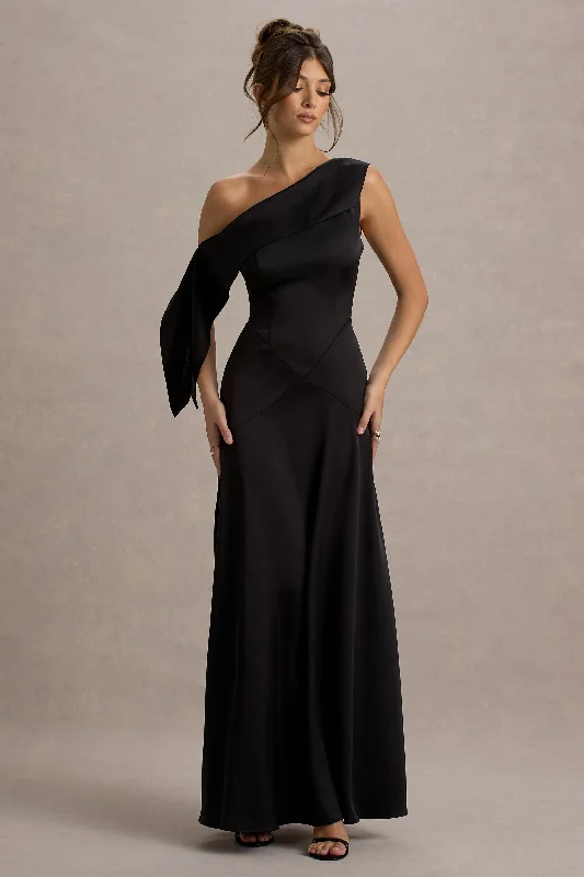 Cathedral train wedding dresses for a grand entrance Cotton wedding guest dresses with smocked details for a casual wedding Nicola | Black Satin Asymmetric Bardot Draped Maxi Dress Cathedral train wedding dresses for a grand entrance Cotton wedding guest dresses with smocked details for a casual wedding Nicola | Black Satin Asymmetric Bardot Draped Maxi Dress