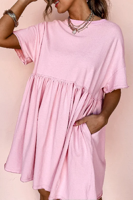 Midi dresses with ruched bodices for a feminine and fitted feel Light Pink Solid Color Pocketed Raw Edge Babydoll Dress Midi dresses with ruched bodices for a feminine and fitted feel Light Pink Solid Color Pocketed Raw Edge Babydoll Dress