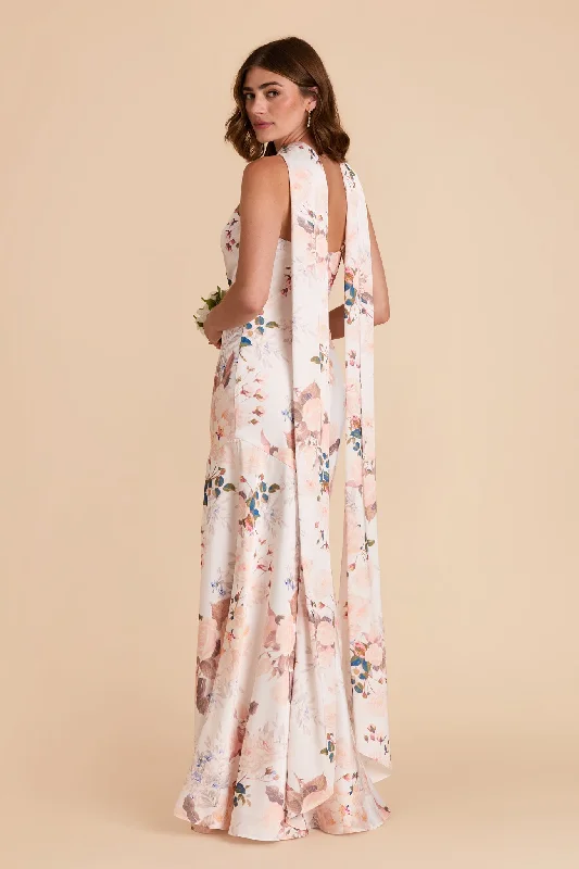 Maternity jersey dress for comfort Eileen Matte Satin Dress - Champagne Cascadia Bouquet Maternity jersey dress for comfort Eileen Matte Satin Dress - Champagne Cascadia Bouquet