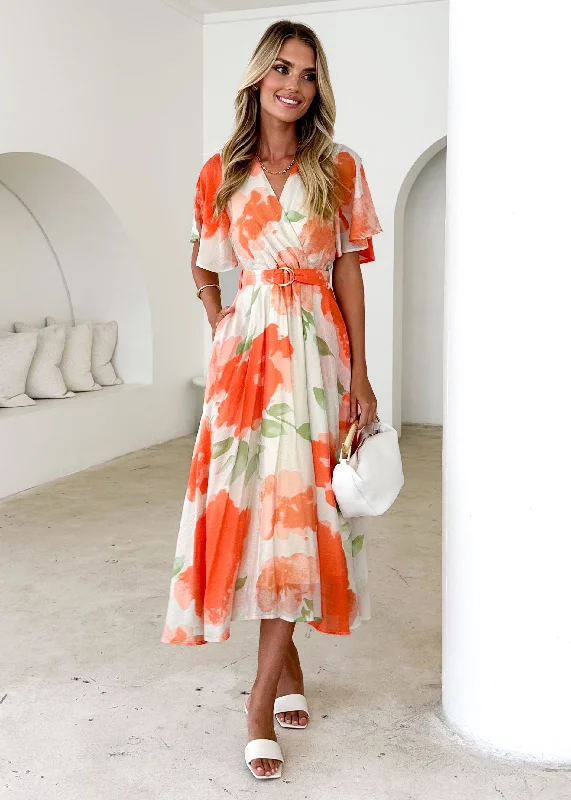 A - line midi dresses with floral prints for spring brunches Zanzibar Midi Dress - Orange Watercolour A - line midi dresses with floral prints for spring brunches Zanzibar Midi Dress - Orange Watercolour