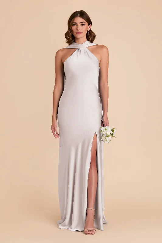 Maternity dress with empire waist for added comfort Eileen Matte Satin Dress - Platinum Maternity dress with empire waist for added comfort Eileen Matte Satin Dress - Platinum