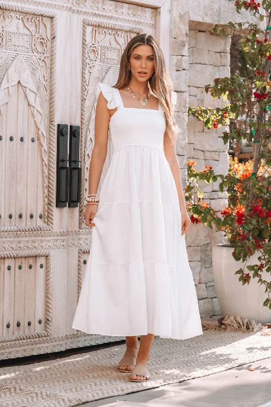 Appliqued wedding dresses with 3D floral designs Sheer wedding guest dresses with lace inserts and long sleeves White Ruffle Sleeve Smock Tiered Midi Dress Appliqued wedding dresses with 3D floral designs Sheer wedding guest dresses with lace inserts and long sleeves White Ruffle Sleeve Smock Tiered Midi Dress